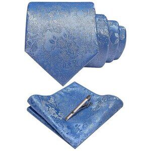 Floral Necktie Pocket Square Tie Clip Blue